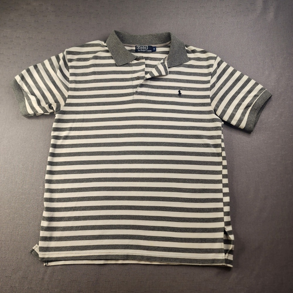 Polo Ralph Lauren Mens Medium Grey White Striped Preppy Short Sleeve Polo Shirt